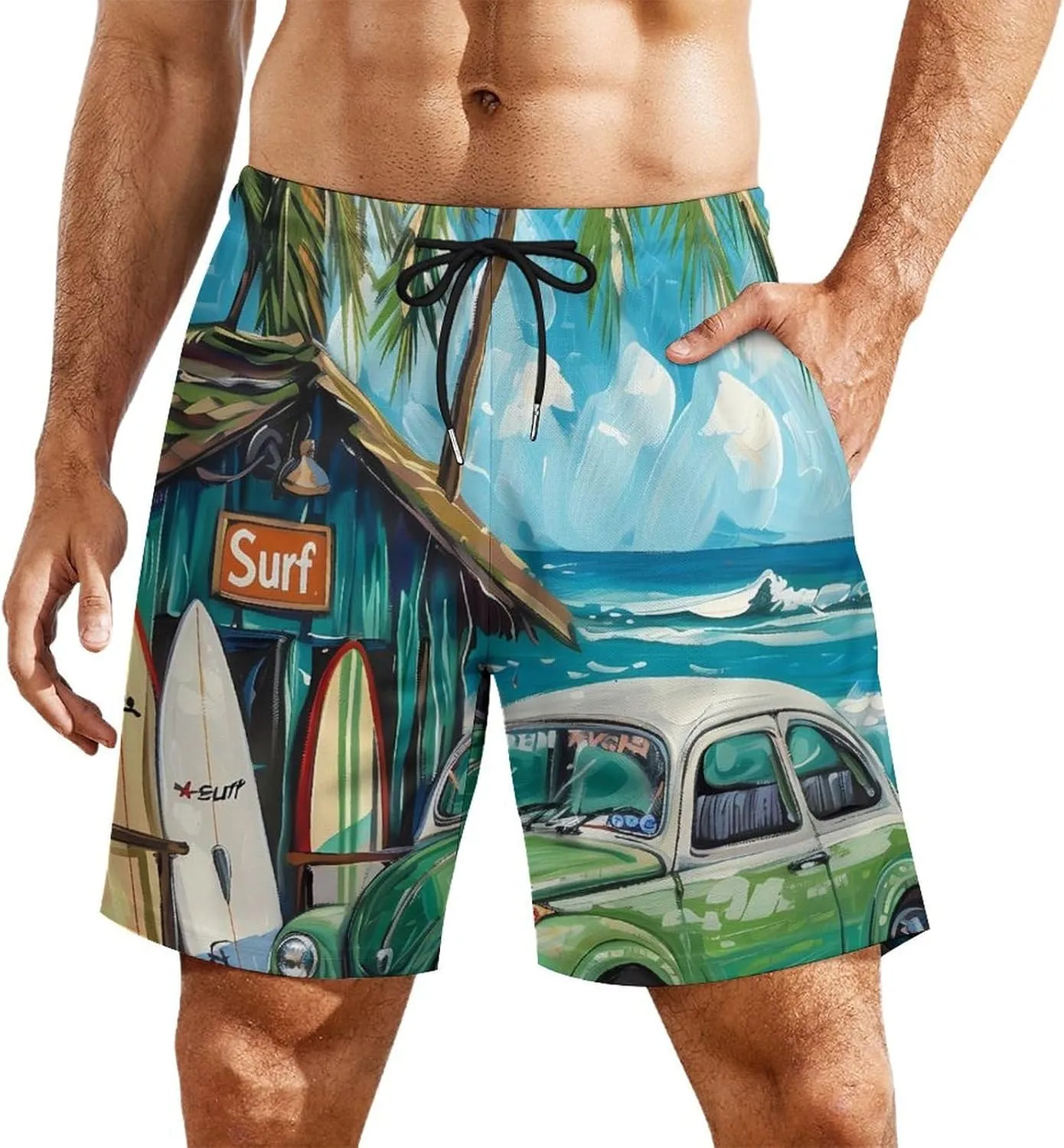 Beach Surf Car Palm Novelty Men's Swim Trunk Quick Dry Summer Beach Shorts Swimwear with Pocket