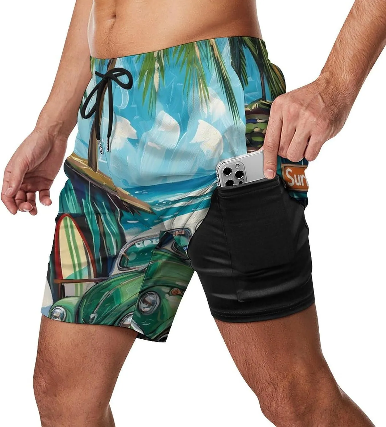 Beach Surf Car Palm Novelty Men's Swim Trunk Quick Dry Summer Beach Shorts Swimwear with Pocket