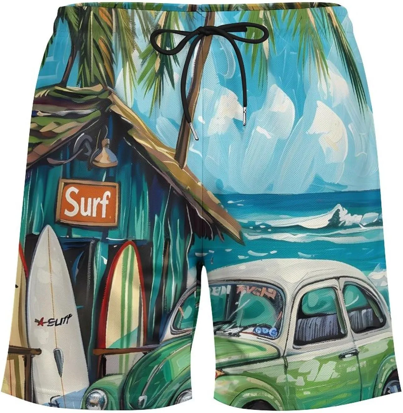Beach Surf Car Palm Novelty Men's Swim Trunk Quick Dry Summer Beach Shorts Swimwear with Pocket