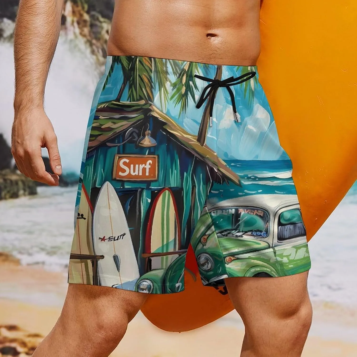 Beach Surf Car Palm Novelty Men's Swim Trunk Quick Dry Summer Beach Shorts Swimwear with Pocket