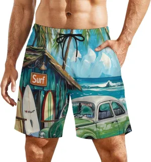 Beach Surf Car Palm Novelty Men's Swim Trunk Quick Dry Summer Beach Shorts Swimwear with Pocket