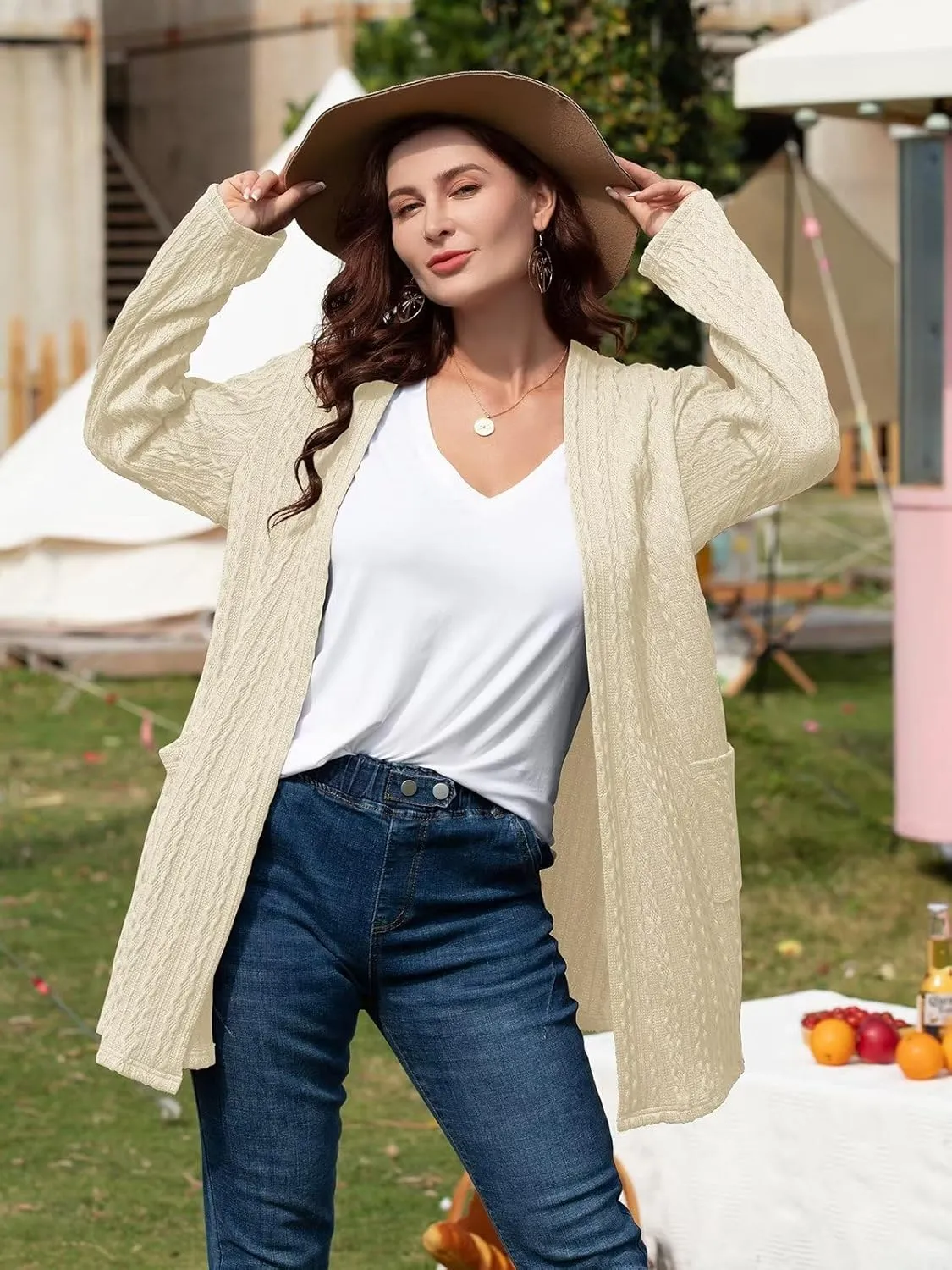 BELAROI Womens Open Front Cardigan Cable Knit Sweaters Plus Size Long Sleeve Tops Loose Fall Outwear Coat with Pockets