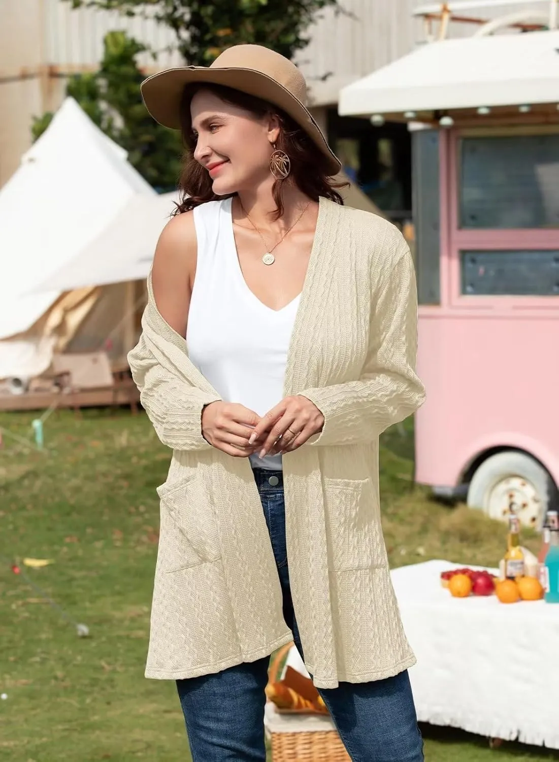 BELAROI Womens Open Front Cardigan Cable Knit Sweaters Plus Size Long Sleeve Tops Loose Fall Outwear Coat with Pockets