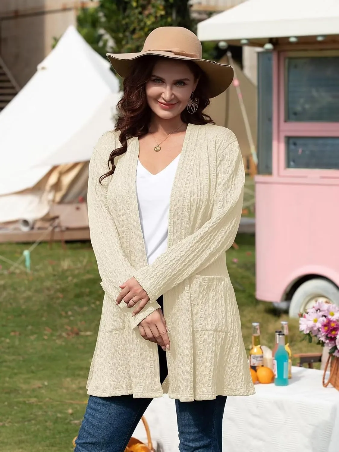 BELAROI Womens Open Front Cardigan Cable Knit Sweaters Plus Size Long Sleeve Tops Loose Fall Outwear Coat with Pockets