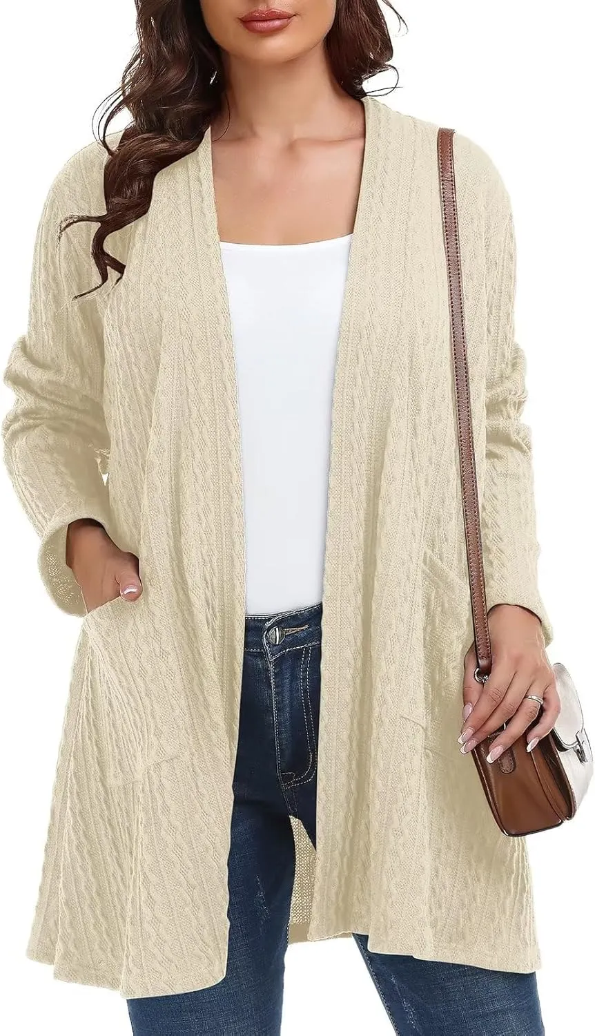 BELAROI Womens Open Front Cardigan Cable Knit Sweaters Plus Size Long Sleeve Tops Loose Fall Outwear Coat with Pockets