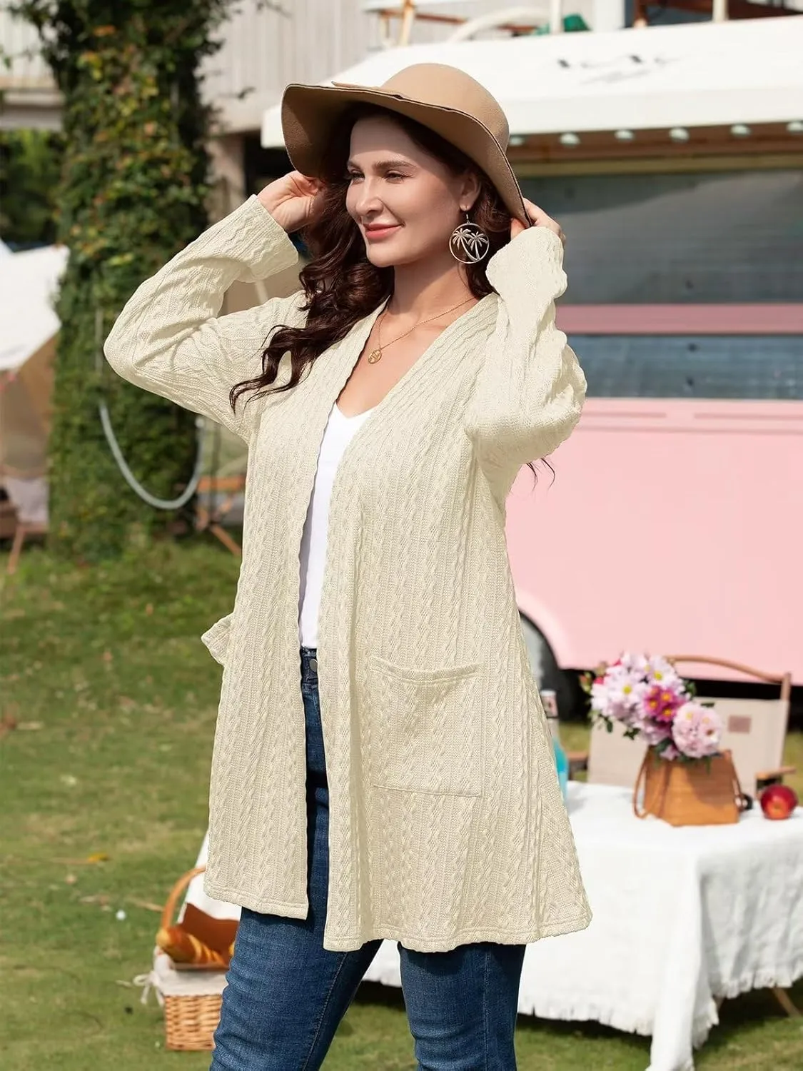 BELAROI Womens Open Front Cardigan Cable Knit Sweaters Plus Size Long Sleeve Tops Loose Fall Outwear Coat with Pockets