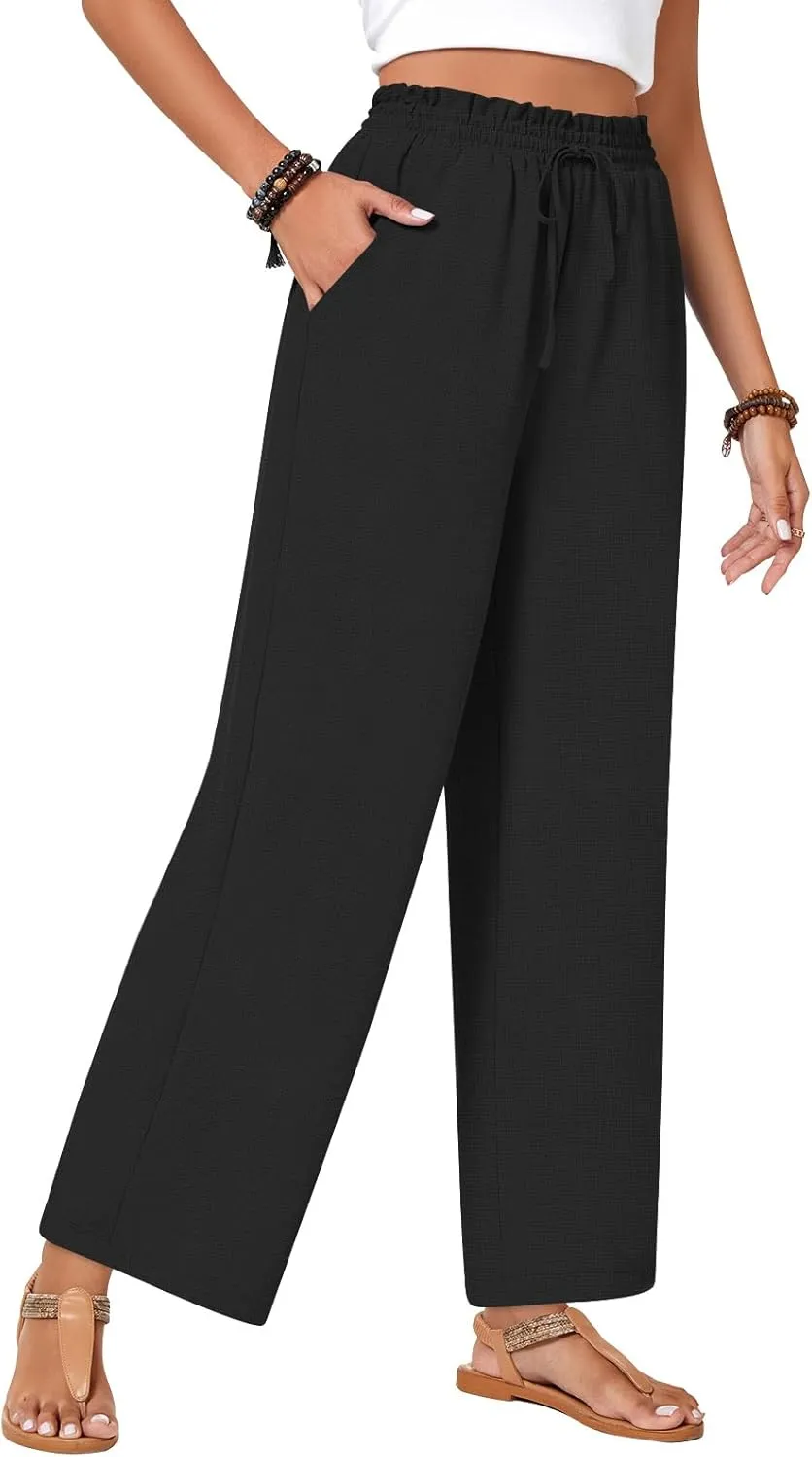 Bestbee Womens Business Casual Pants, Loose Fit Long Trousers 2025 Spring High Waist Waffle Knit Sweatpants with Pockets