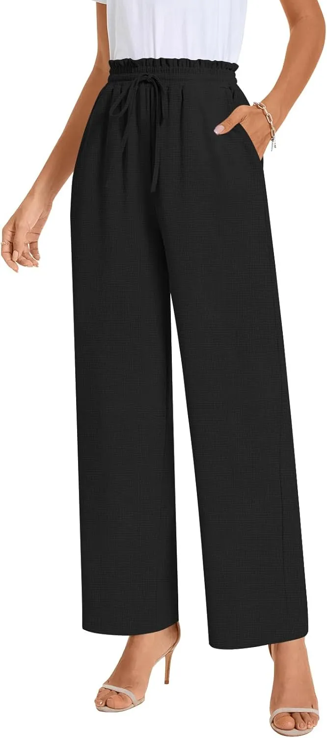 Bestbee Womens Business Casual Pants, Loose Fit Long Trousers 2025 Spring High Waist Waffle Knit Sweatpants with Pockets