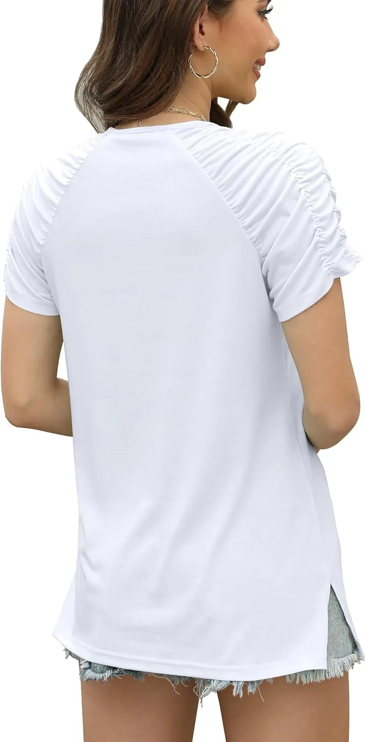 Bluetime Womens Summer T Shirts Casual V Neck Short Sleeve Tops Loose Fit Pleated Sleeve Blouse