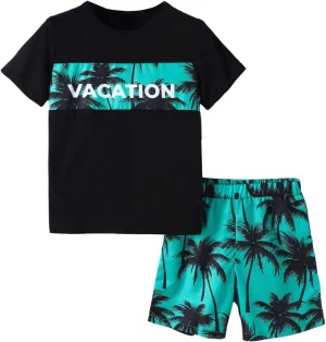 Boy's 2 Piece Summer Hawaiian Outfits Letter Tropical Graphic T Shirt Short Sleeve Tee and Casual Track Shorts Set