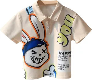 Boy's Cartoon Rabbit Graphic Tee Shirts Cute Short Sleeve Button Front Golf Shirt