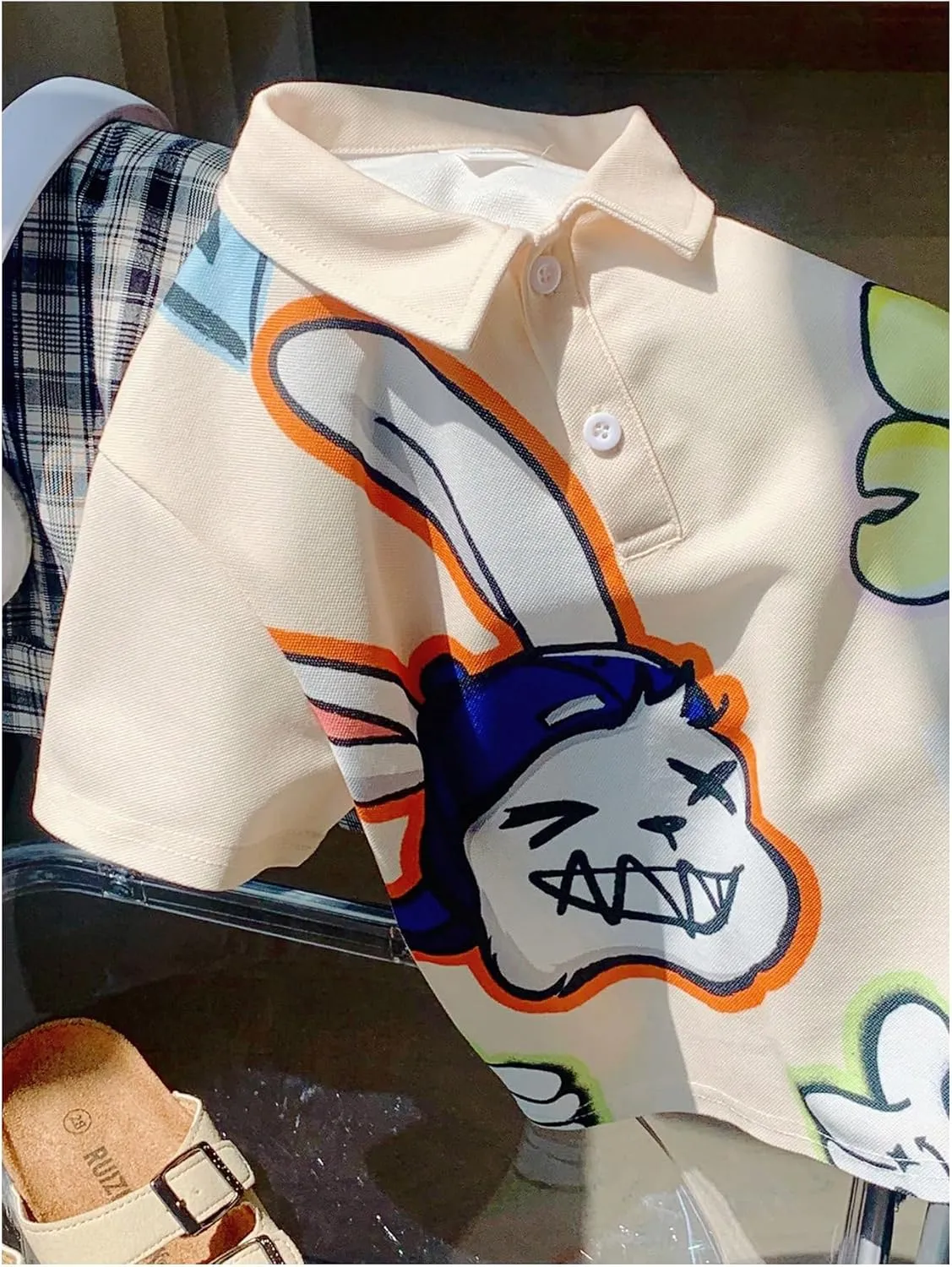 Boy's Cartoon Rabbit Graphic Tee Shirts Cute Short Sleeve Button Front Golf Shirt
