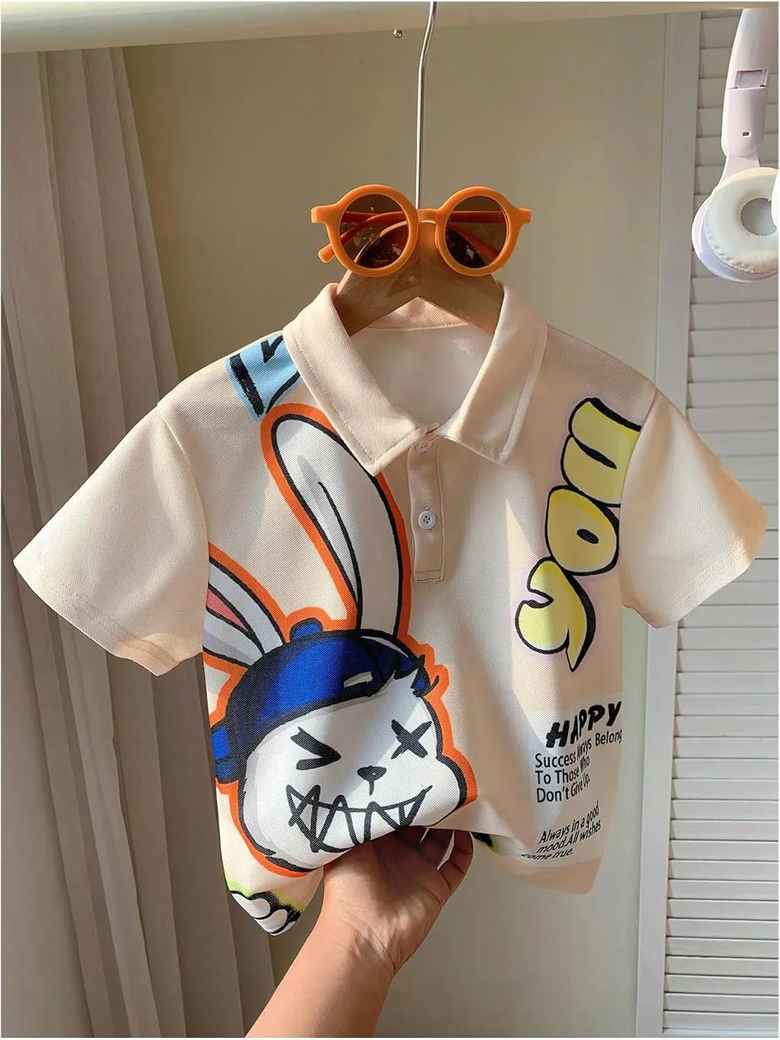 Boy's Cartoon Rabbit Graphic Tee Shirts Cute Short Sleeve Button Front Golf Shirt