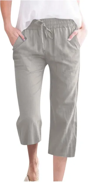 BTDECLAR Capris Pants for Women 2024 Summer Stretch Cotton Linen Capri Pant Casual Drawstring Cropped High Waisted Trousers