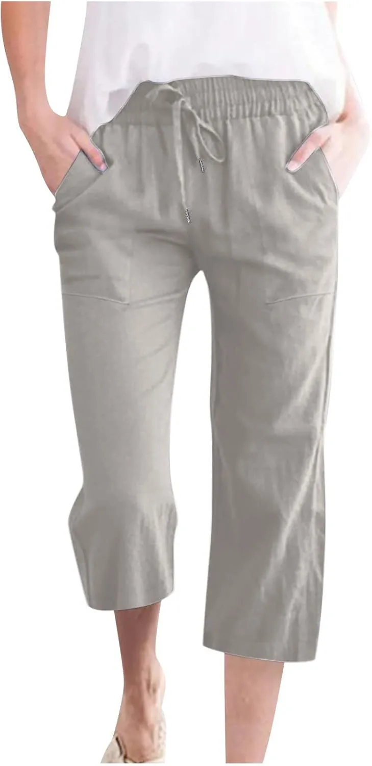 BTDECLAR Capris Pants for Women 2024 Summer Stretch Cotton Linen Capri Pant Casual Drawstring Cropped High Waisted Trousers