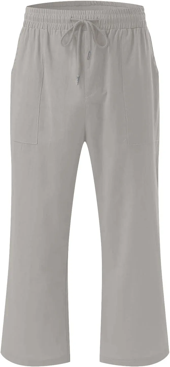 BTDECLAR Capris Pants for Women 2024 Summer Stretch Cotton Linen Capri Pant Casual Drawstring Cropped High Waisted Trousers