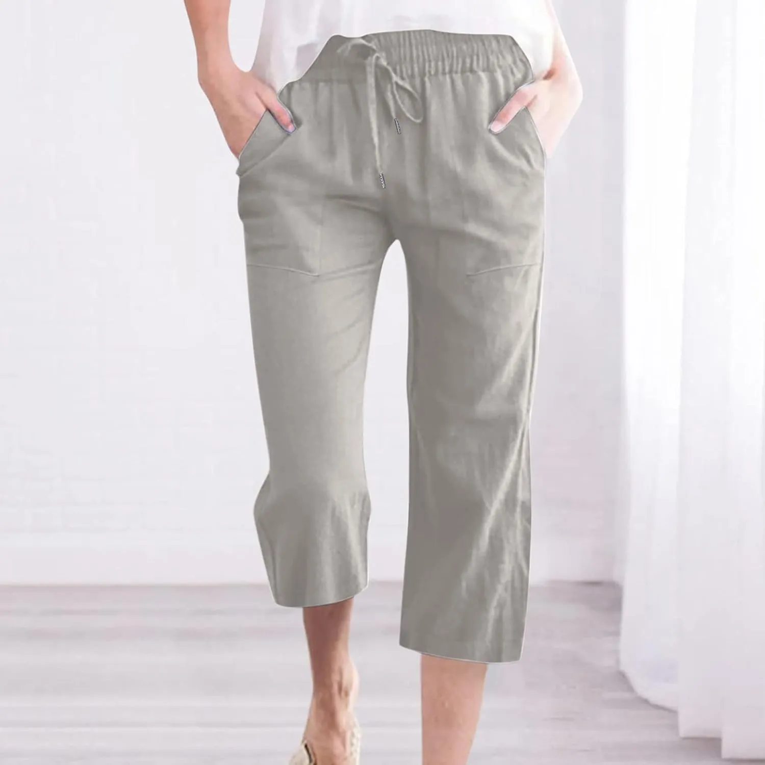 BTDECLAR Capris Pants for Women 2024 Summer Stretch Cotton Linen Capri Pant Casual Drawstring Cropped High Waisted Trousers
