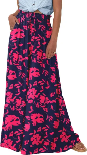BTFBM Women Casual High Waist Wide Leg Pants Summer Floral Solid Long Palazzo Pants Lounge Beach Trousers with Pocket