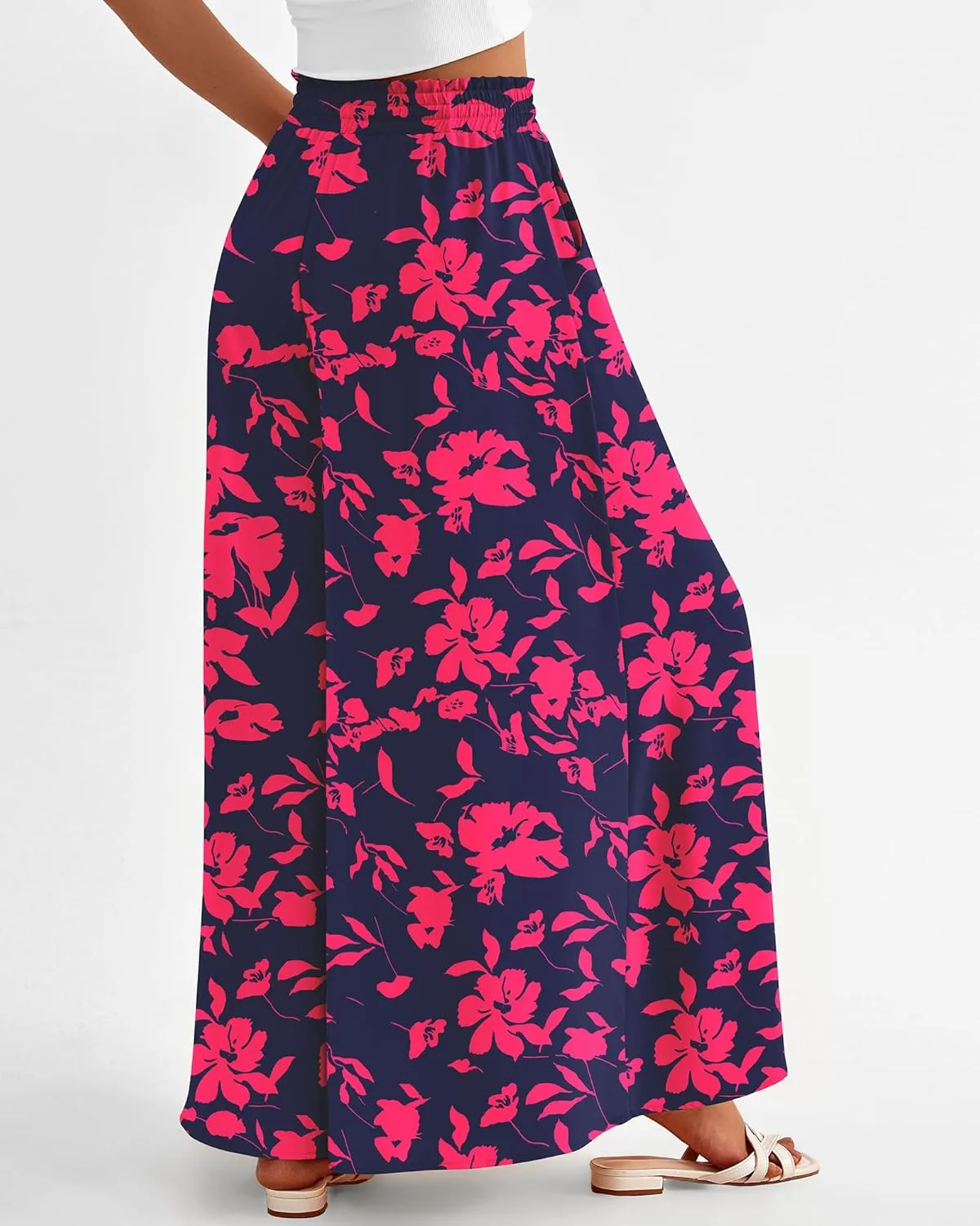 BTFBM Women Casual High Waist Wide Leg Pants Summer Floral Solid Long Palazzo Pants Lounge Beach Trousers with Pocket