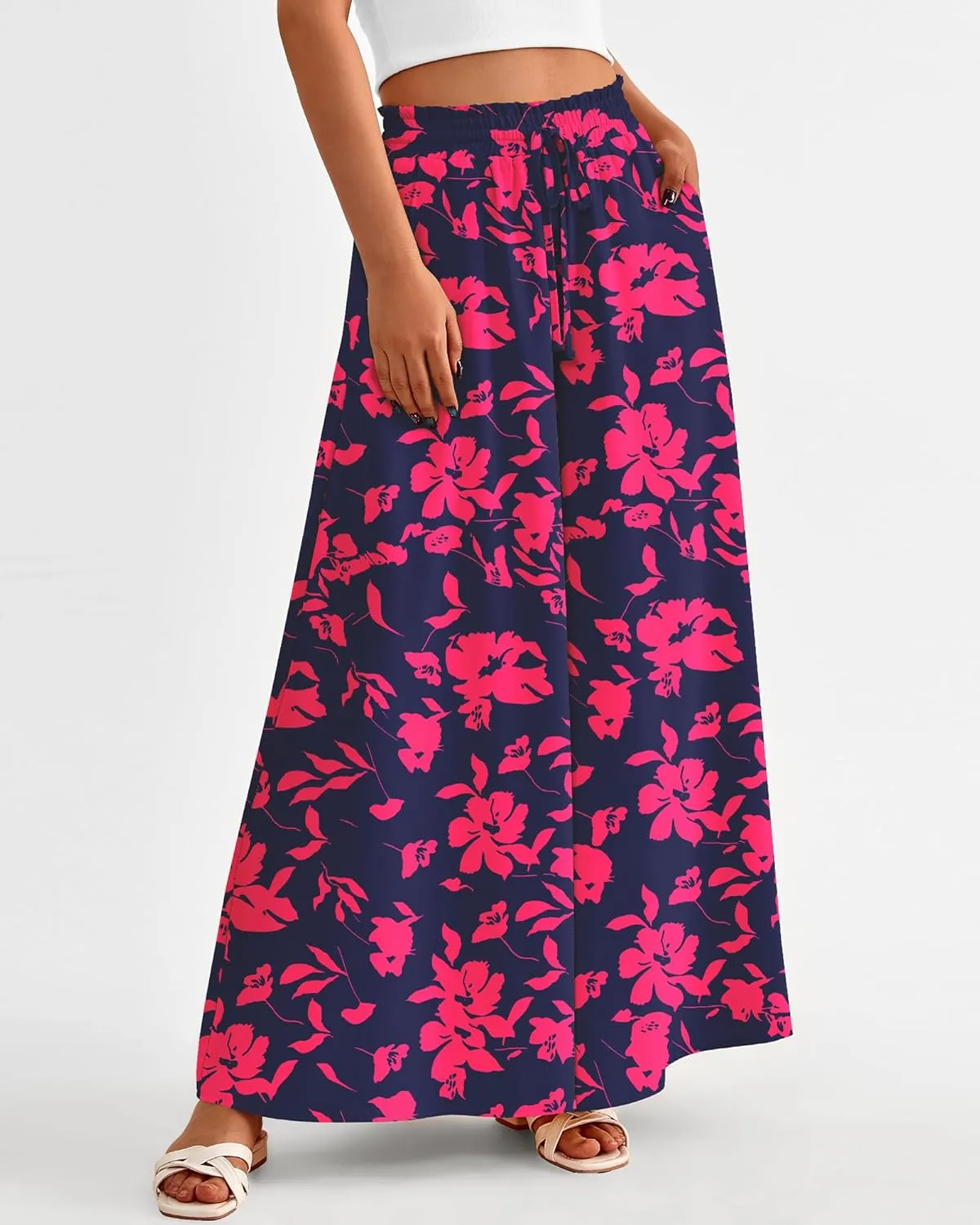 BTFBM Women Casual High Waist Wide Leg Pants Summer Floral Solid Long Palazzo Pants Lounge Beach Trousers with Pocket