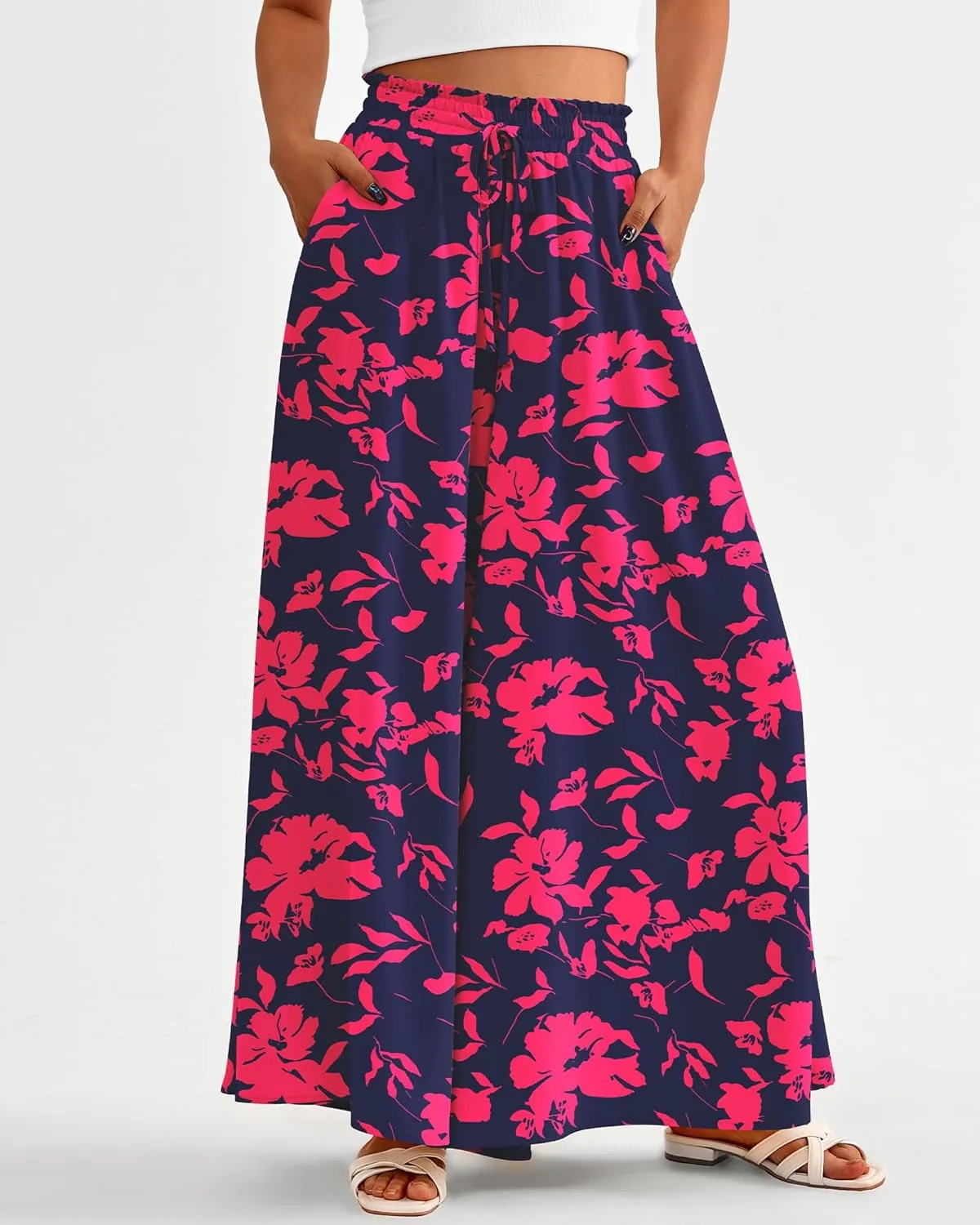 BTFBM Women Casual High Waist Wide Leg Pants Summer Floral Solid Long Palazzo Pants Lounge Beach Trousers with Pocket