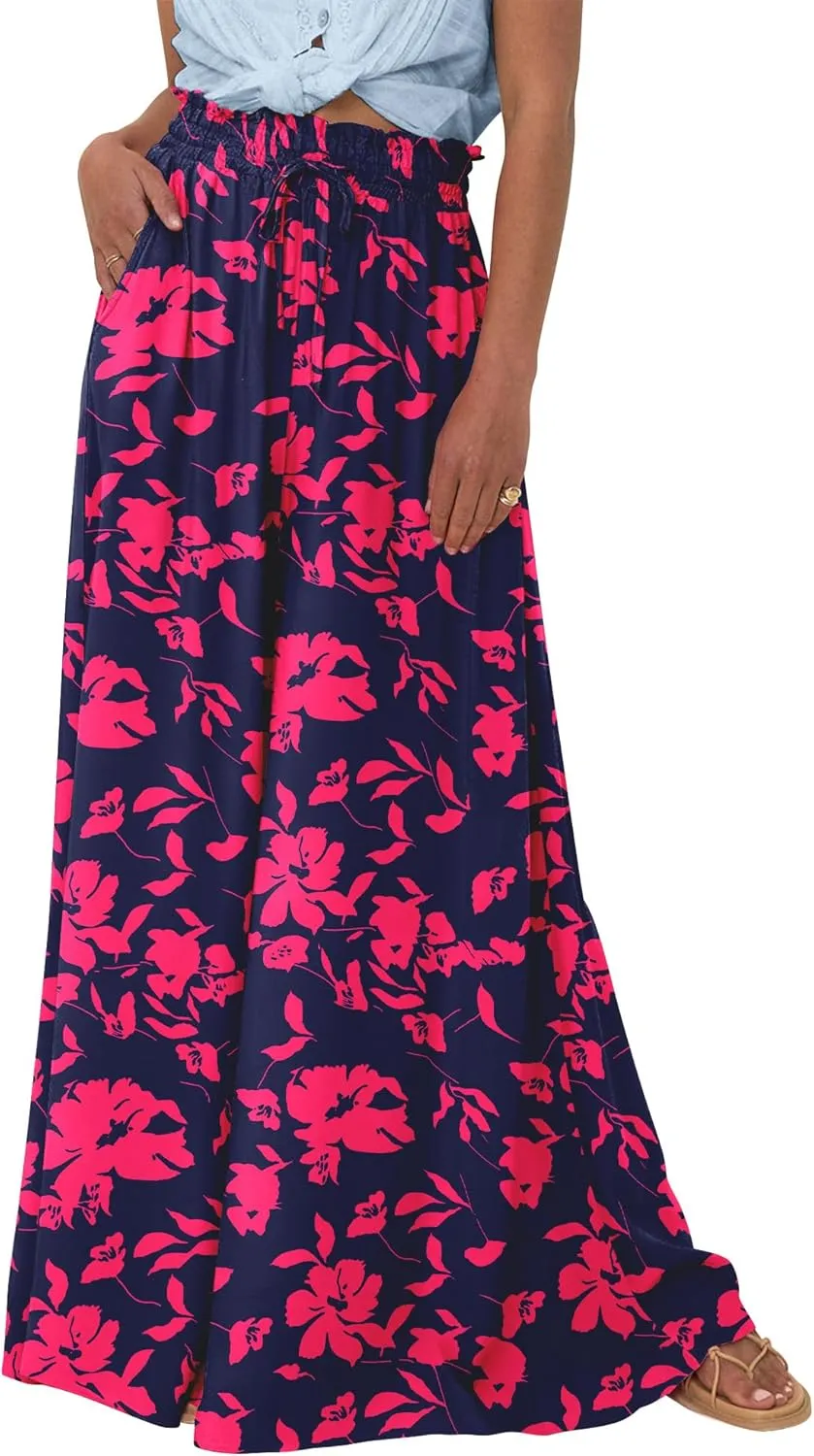 BTFBM Women Casual High Waist Wide Leg Pants Summer Floral Solid Long Palazzo Pants Lounge Beach Trousers with Pocket