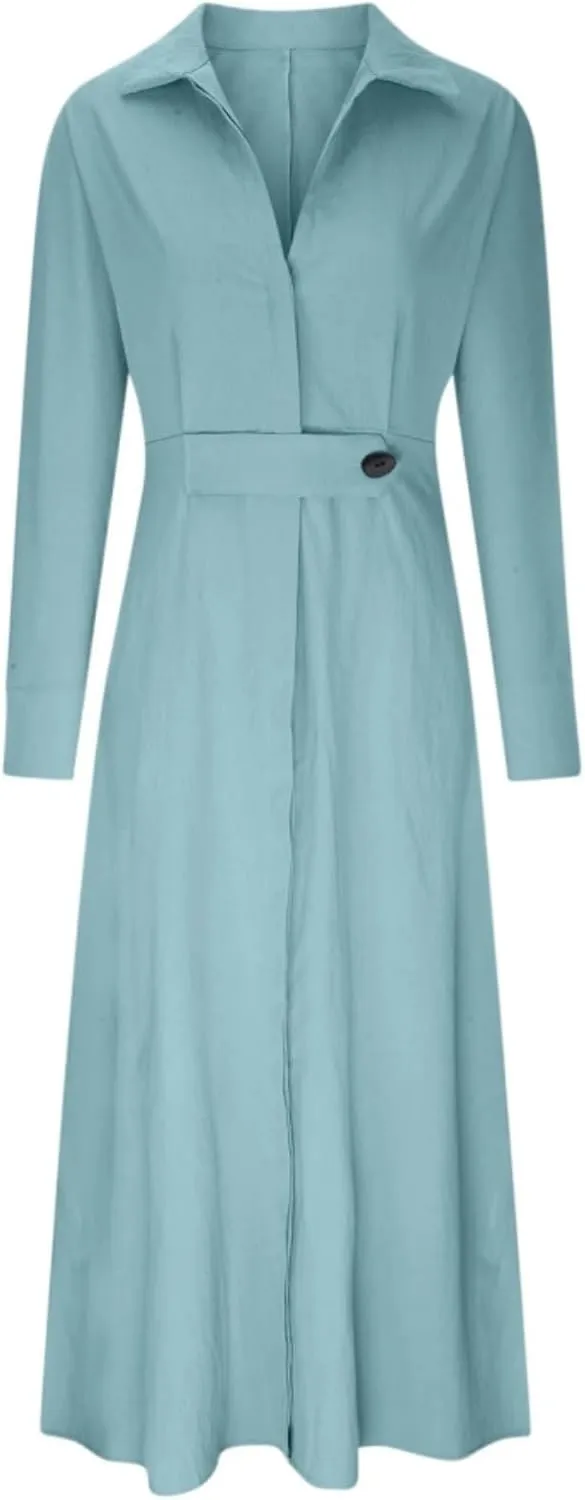 Button Down Shirt Dress for Women Cotton Linen Solid Casual V-Neck Long Sleeve Maxi Dresses with Pockets