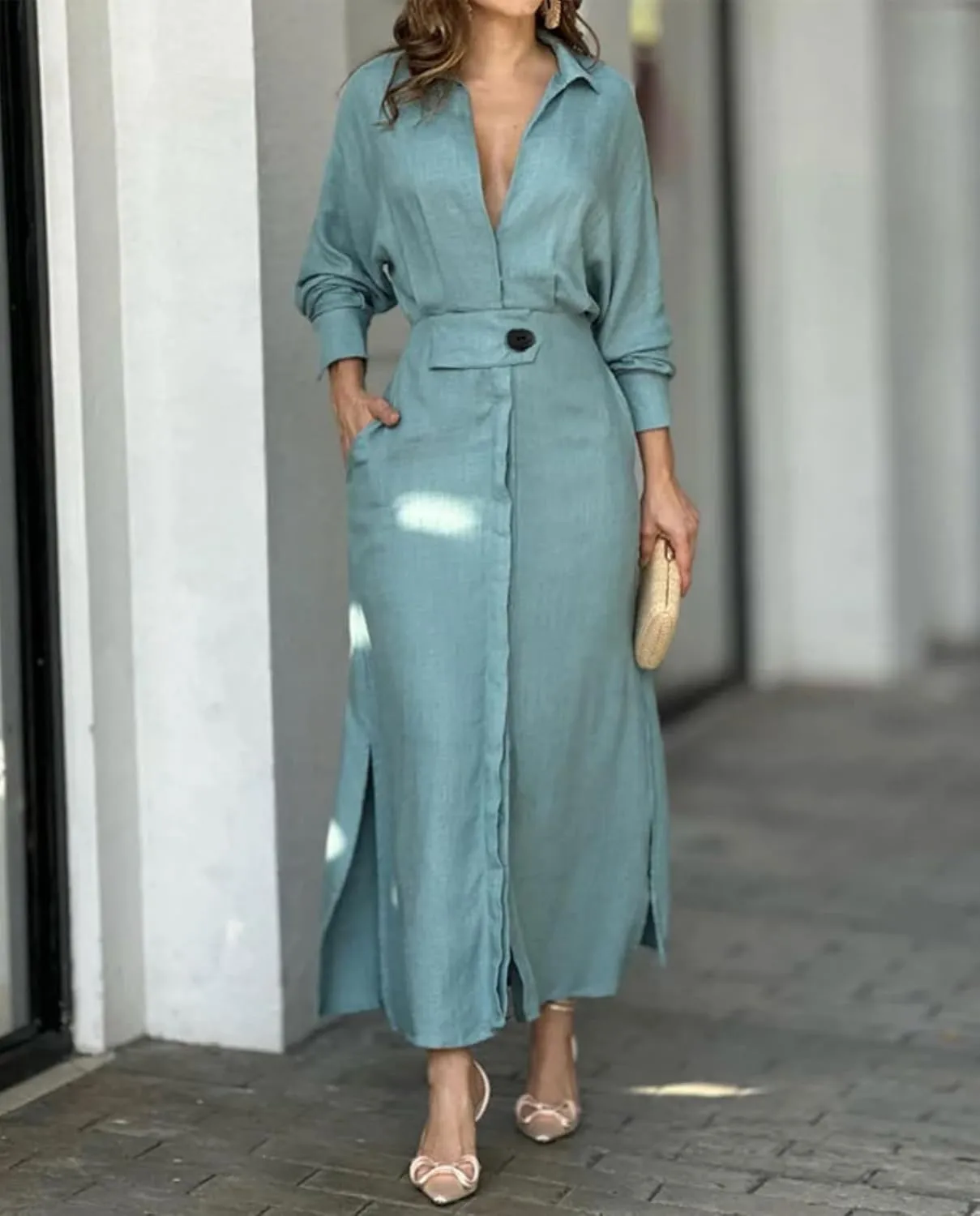 Button Down Shirt Dress for Women Cotton Linen Solid Casual V-Neck Long Sleeve Maxi Dresses with Pockets