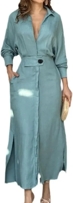 Button Down Shirt Dress for Women Cotton Linen Solid Casual V-Neck Long Sleeve Maxi Dresses with Pockets