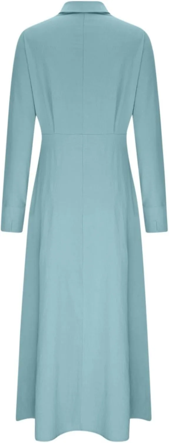 Button Down Shirt Dress for Women Cotton Linen Solid Casual V-Neck Long Sleeve Maxi Dresses with Pockets