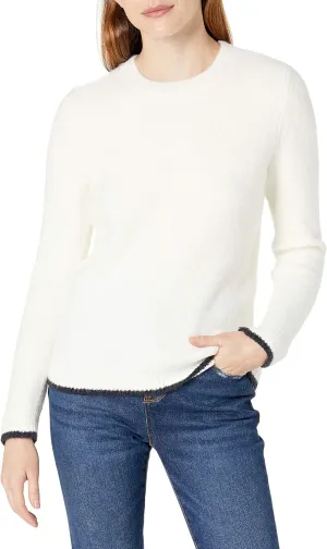 Cable Stitch Women's Cozy Crewneck Sweater - Contrast Tipping Long Sleeve Pullover Knit Top