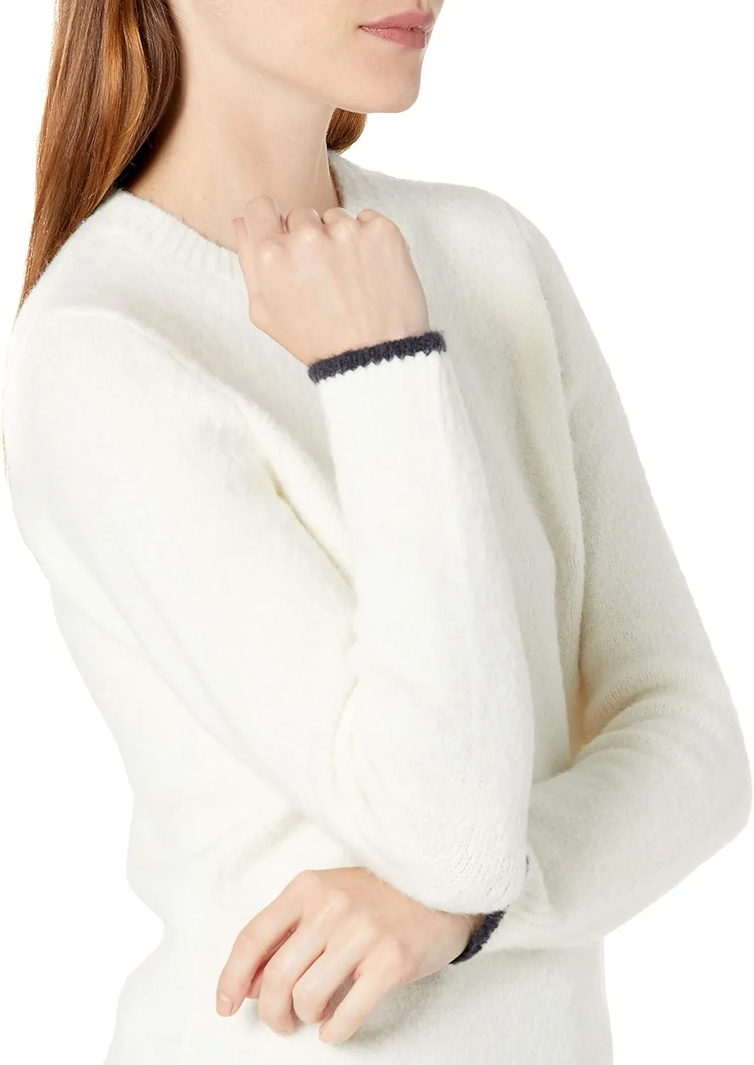 Cable Stitch Women's Cozy Crewneck Sweater - Contrast Tipping Long Sleeve Pullover Knit Top