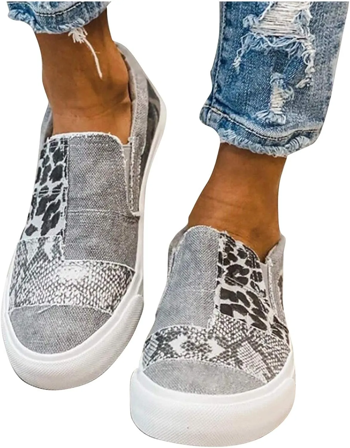 Canvas Walking Shoes for Women Wide Width Women's Slip on Shoes Non Slip Fashion Canvas Sneakers Low Top Casual Washed and Leopard Fashion Sneaker Driving Walking Work Going Out Sports Flat Footwear