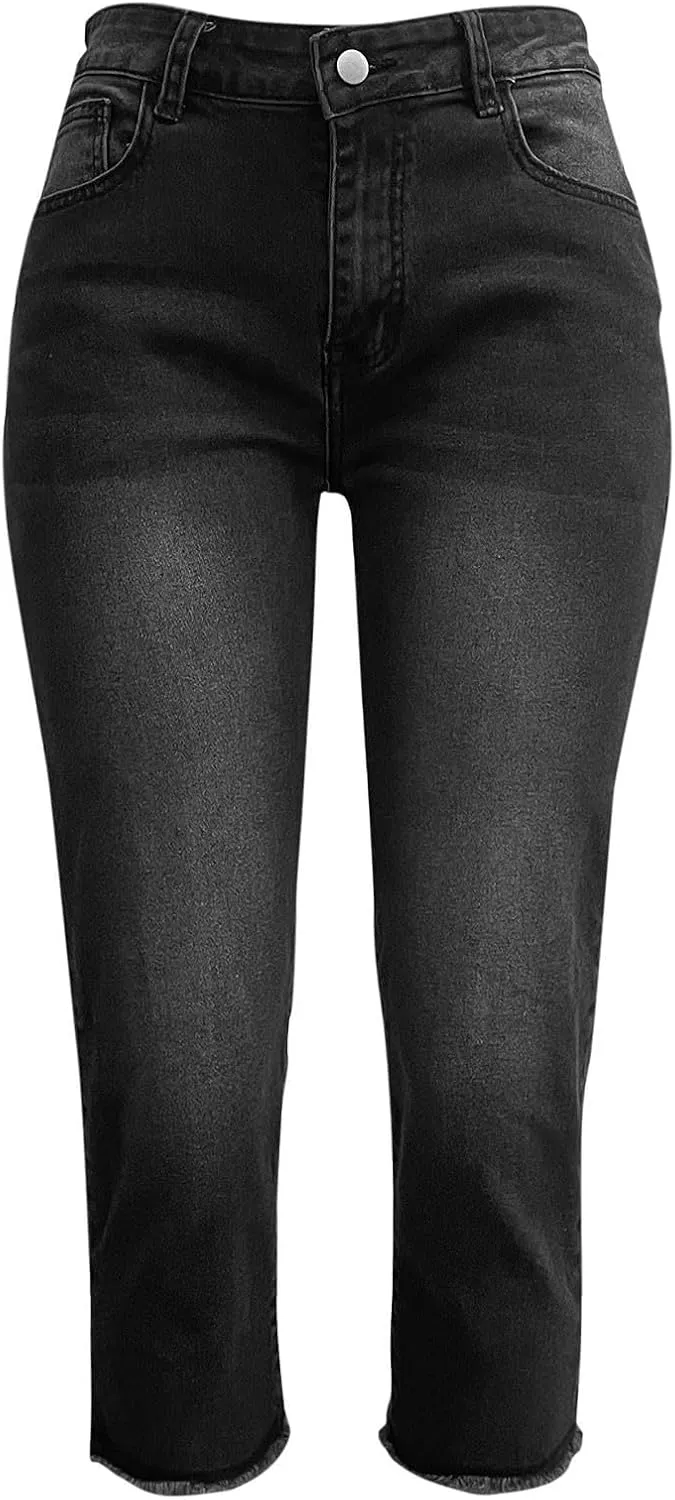 Capri Jeans for Women Raw Hem Stretchy Mid Rise Skinny Distressed Denim Butt Lifting Boyfriend Jeggings with Pockets