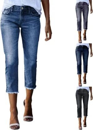 Capri Jeans for Women Raw Hem Stretchy Mid Rise Skinny Distressed Denim Butt Lifting Boyfriend Jeggings with Pockets