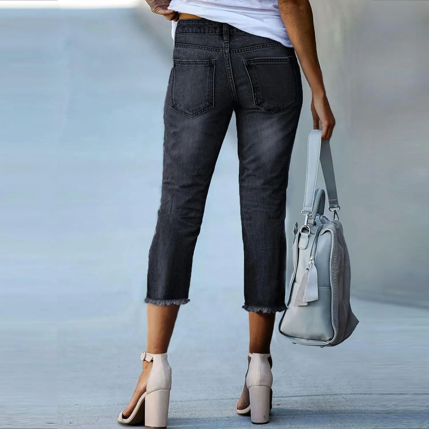 Capri Jeans for Women Raw Hem Stretchy Mid Rise Skinny Distressed Denim Butt Lifting Boyfriend Jeggings with Pockets