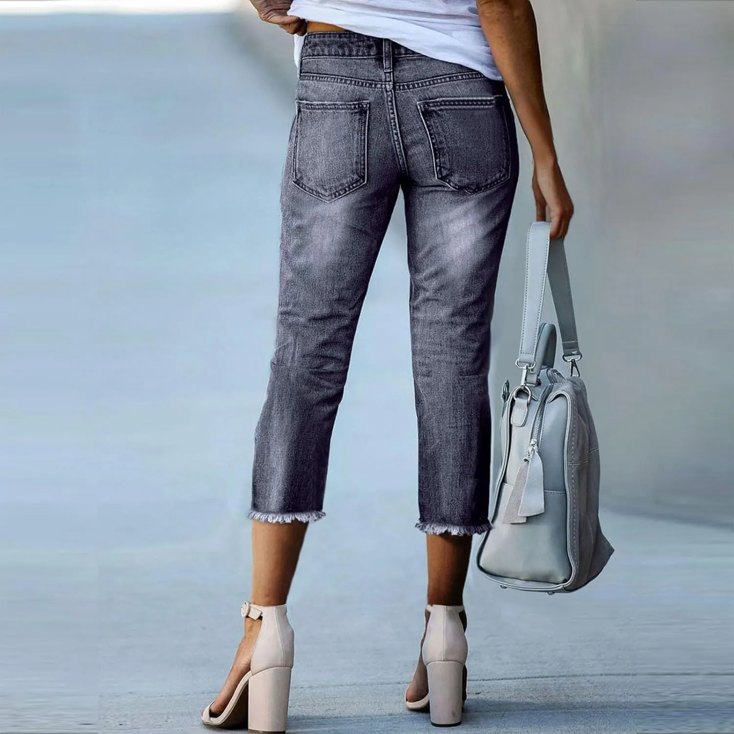 Capri Jeans for Women Raw Hem Stretchy Mid Rise Skinny Distressed Denim Butt Lifting Boyfriend Jeggings with Pockets