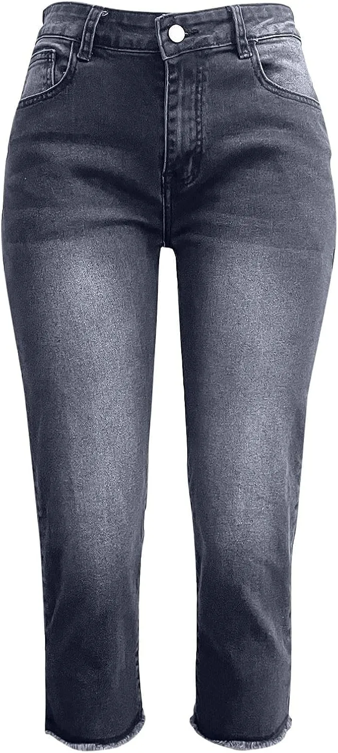 Capri Jeans for Women Raw Hem Stretchy Mid Rise Skinny Distressed Denim Butt Lifting Boyfriend Jeggings with Pockets