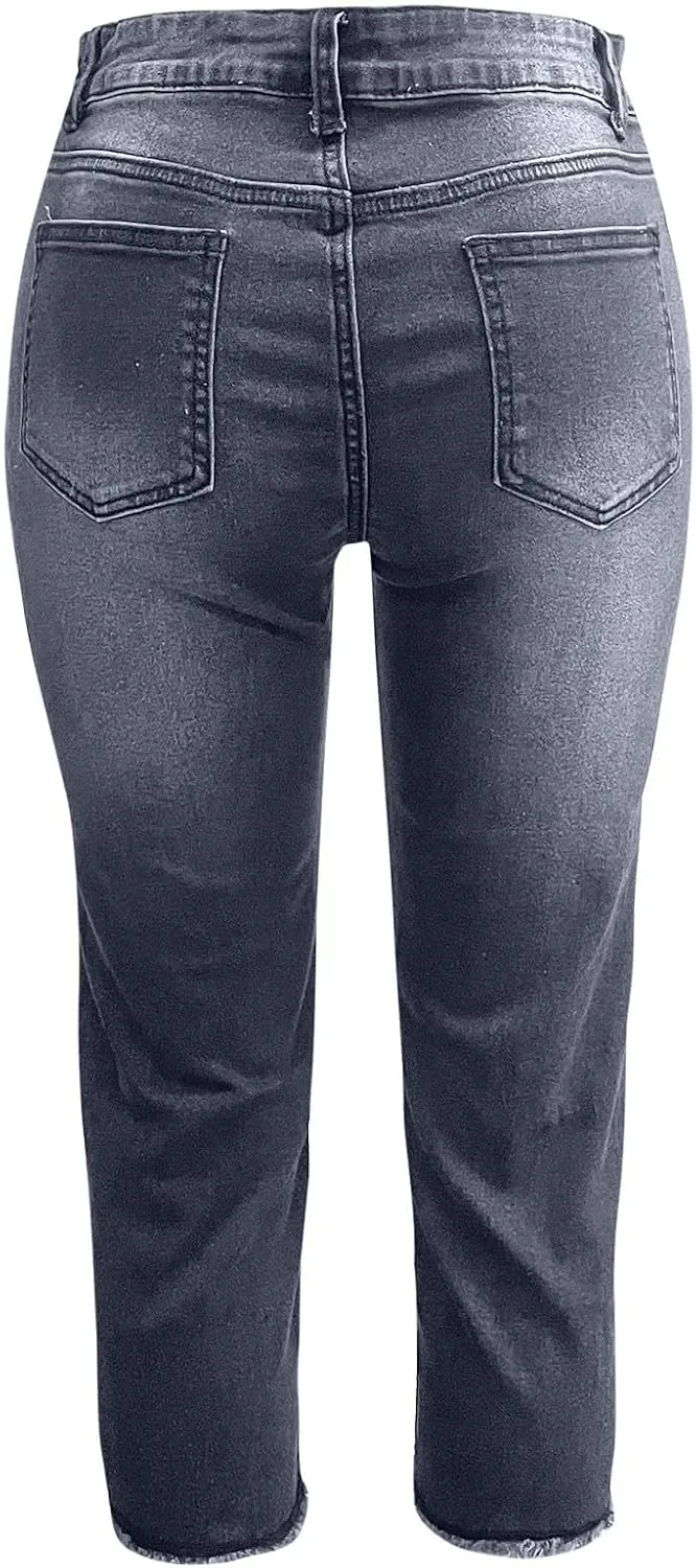 Capri Jeans for Women Raw Hem Stretchy Mid Rise Skinny Distressed Denim Butt Lifting Boyfriend Jeggings with Pockets
