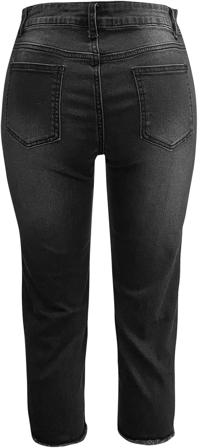 Capri Jeans for Women Raw Hem Stretchy Mid Rise Skinny Distressed Denim Butt Lifting Boyfriend Jeggings with Pockets