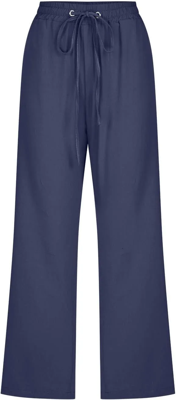 Capri Pants for Women Casual Cotton Linen Pant Summer Drawstring Elastic High Waist Straight Wide Leg Trouser