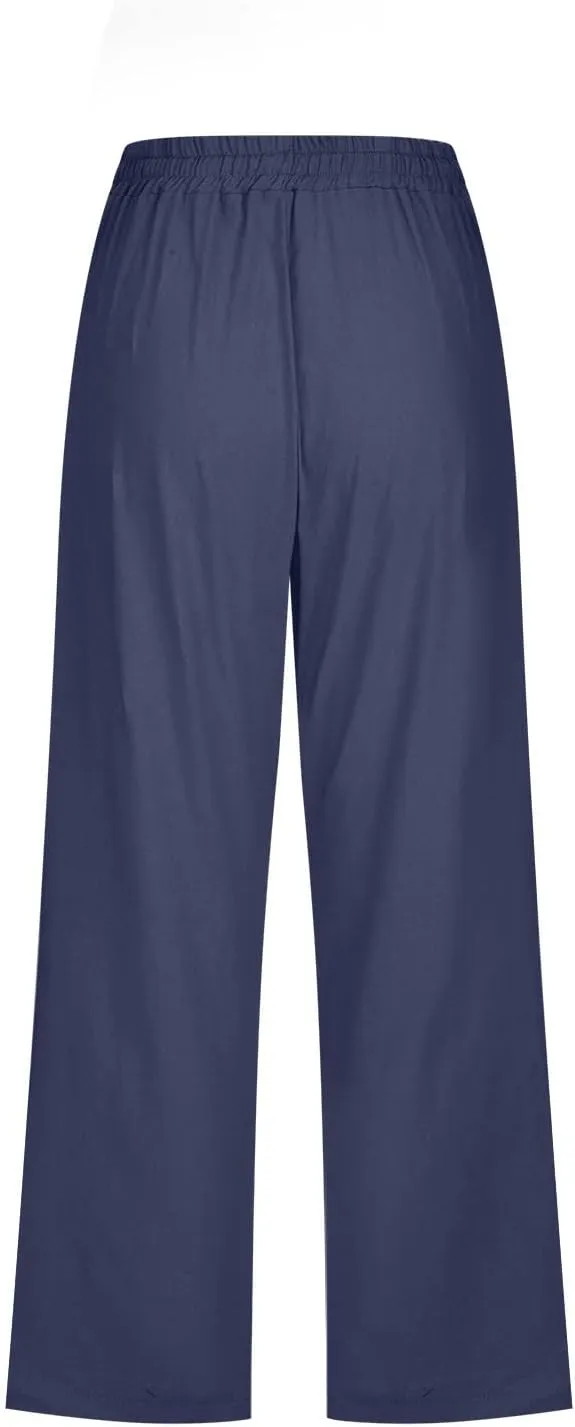 Capri Pants for Women Casual Cotton Linen Pant Summer Drawstring Elastic High Waist Straight Wide Leg Trouser