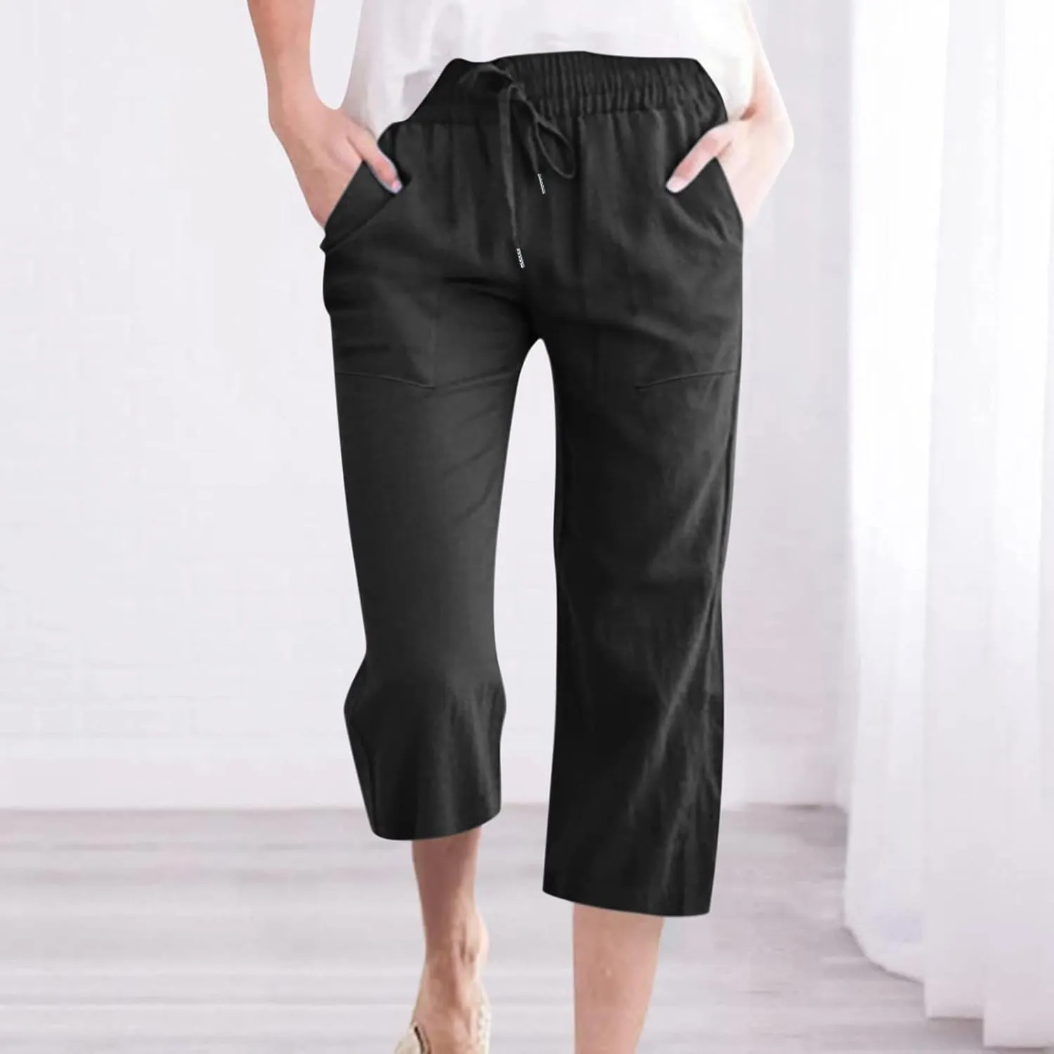 Capri Pants for Women Casual Cotton Linen Pant Summer Drawstring Elastic High Waist Straight Wide Leg Trouser
