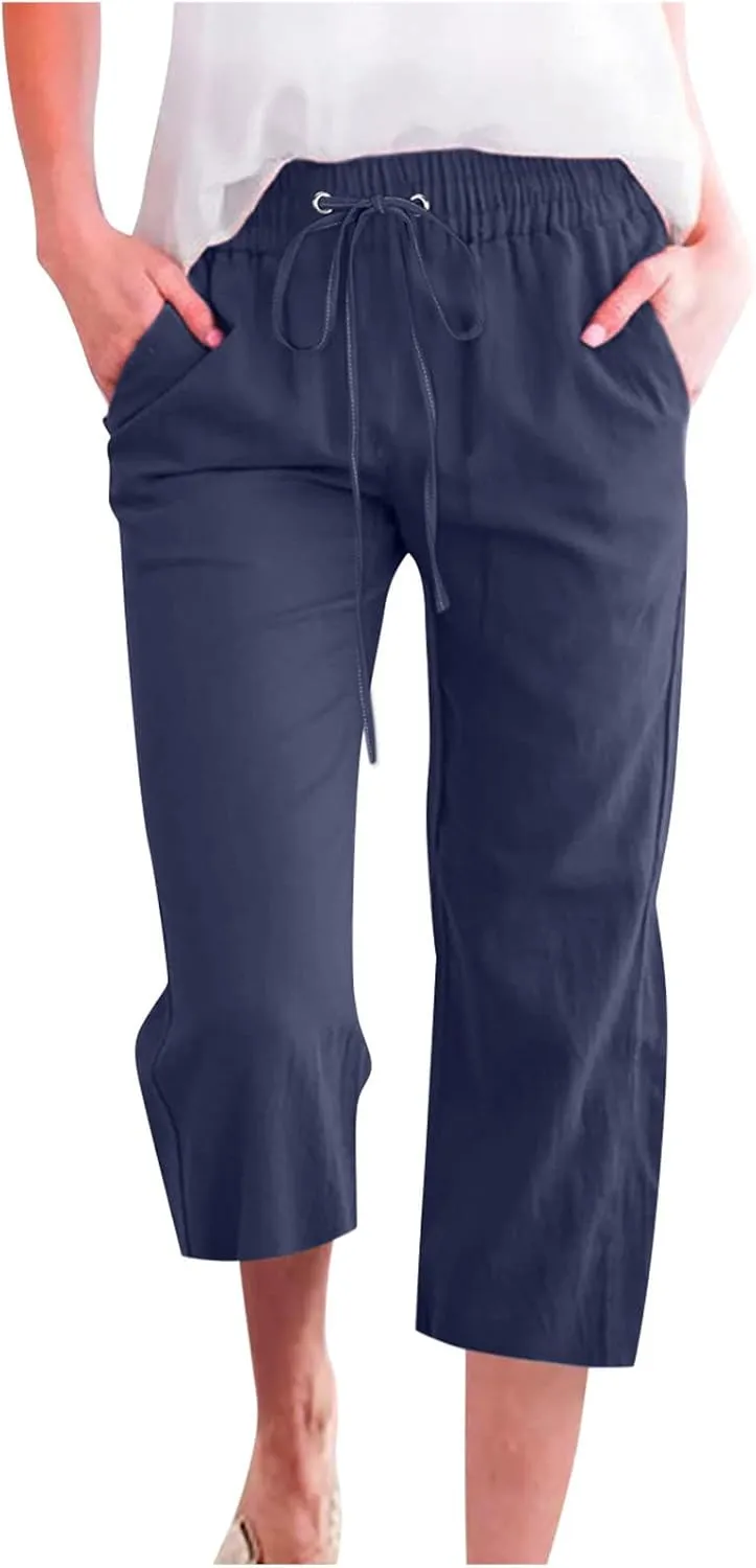 Capri Pants for Women Casual Cotton Linen Pant Summer Drawstring Elastic High Waist Straight Wide Leg Trouser