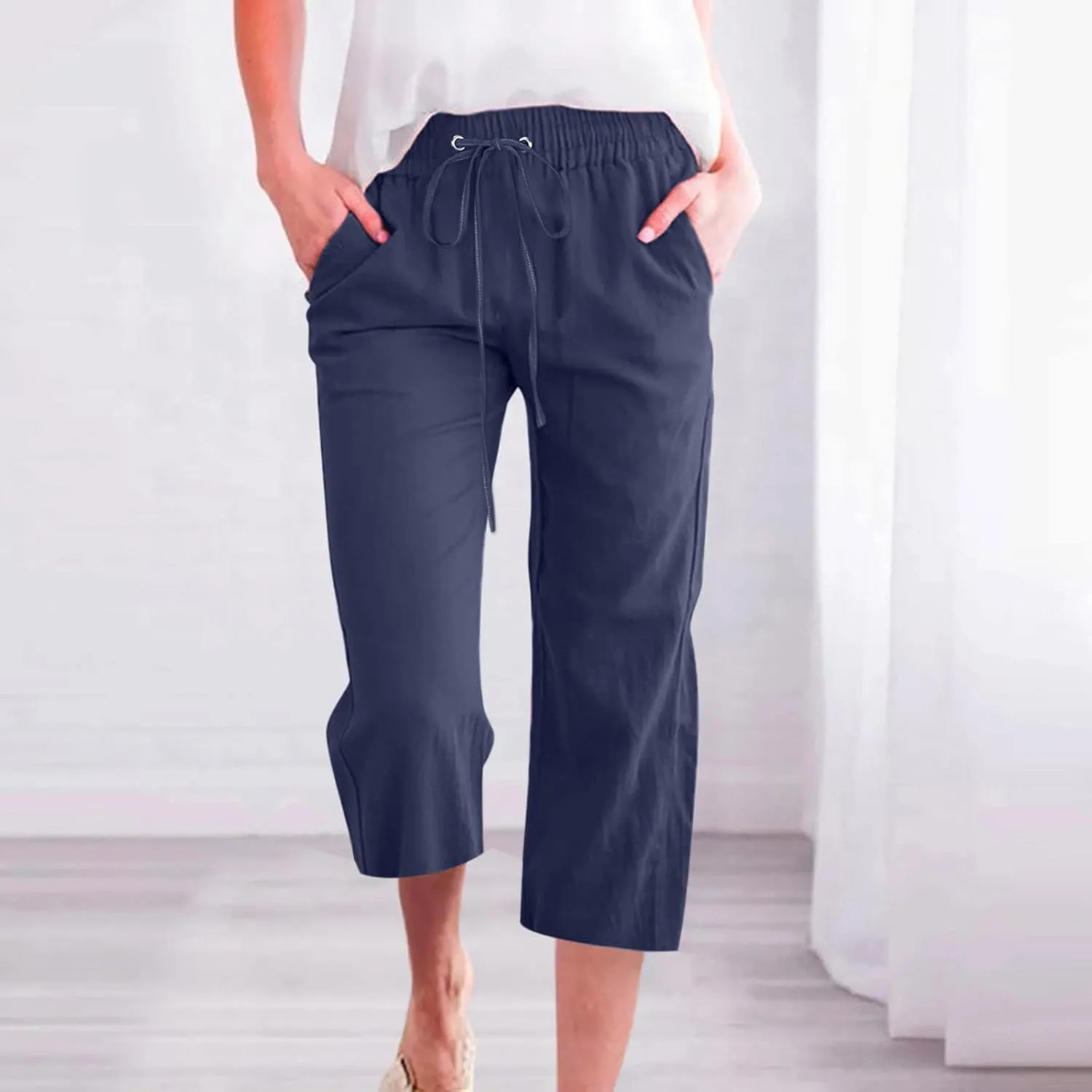 Capri Pants for Women Casual Cotton Linen Pant Summer Drawstring Elastic High Waist Straight Wide Leg Trouser