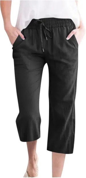Capri Pants for Women Casual Cotton Linen Pant Summer Drawstring Elastic High Waist Straight Wide Leg Trouser