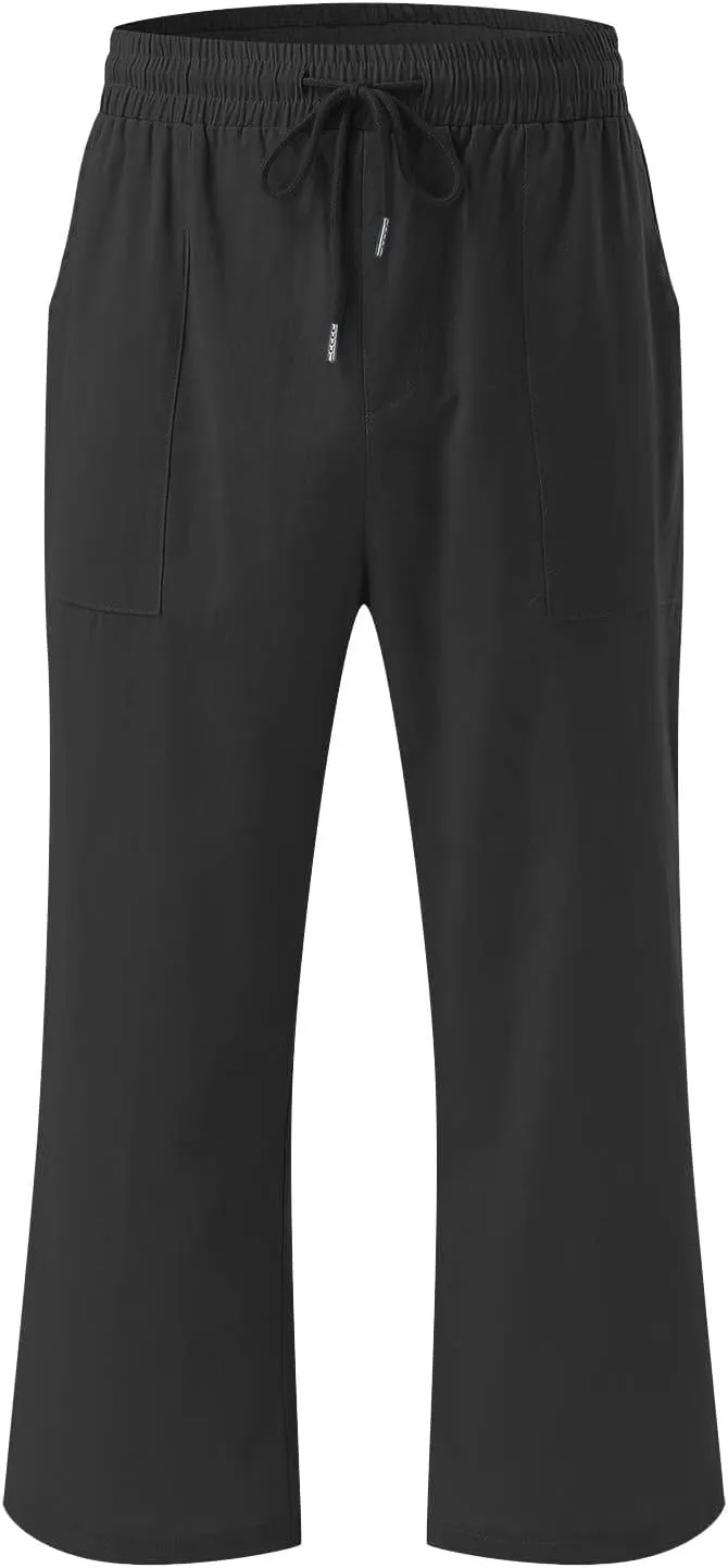 Capri Pants for Women Casual Cotton Linen Pant Summer Drawstring Elastic High Waist Straight Wide Leg Trouser