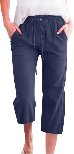 Capri Pants for Women Casual Cotton Linen Pant Summer Drawstring Elastic High Waist Straight Wide Leg Trouser