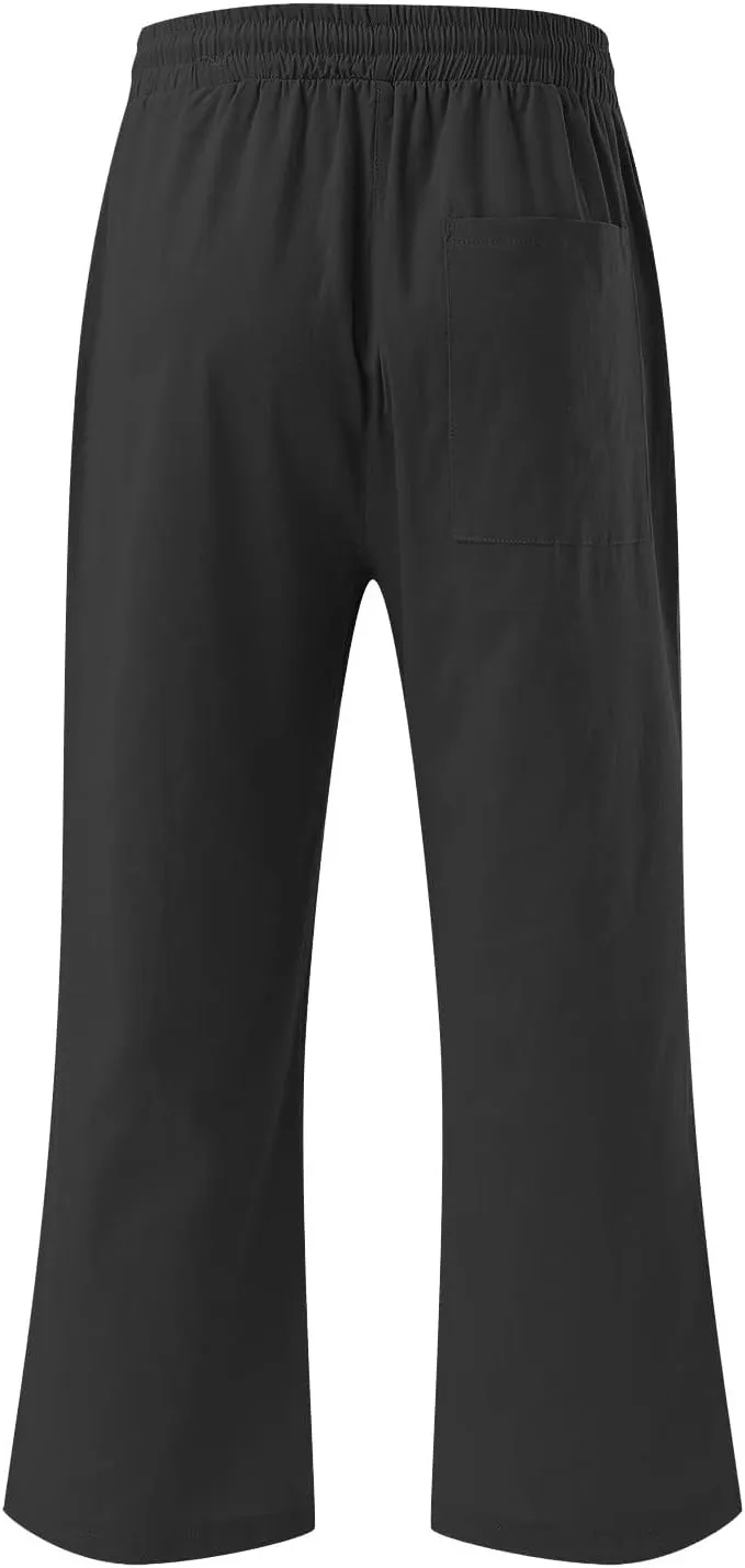 Capri Pants for Women Casual Cotton Linen Pant Summer Drawstring Elastic High Waist Straight Wide Leg Trouser
