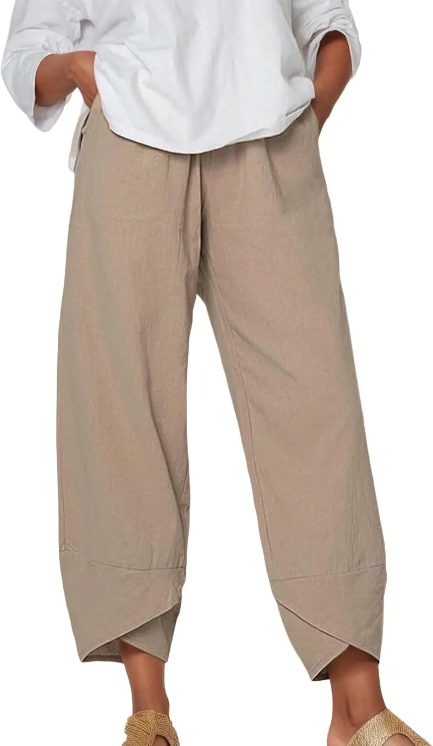 Capris Pants for Women Cotton Linen Baggy Wide Leg Pants Casual Elastic Waisted Palazzo Plus Size Pants with Pockets